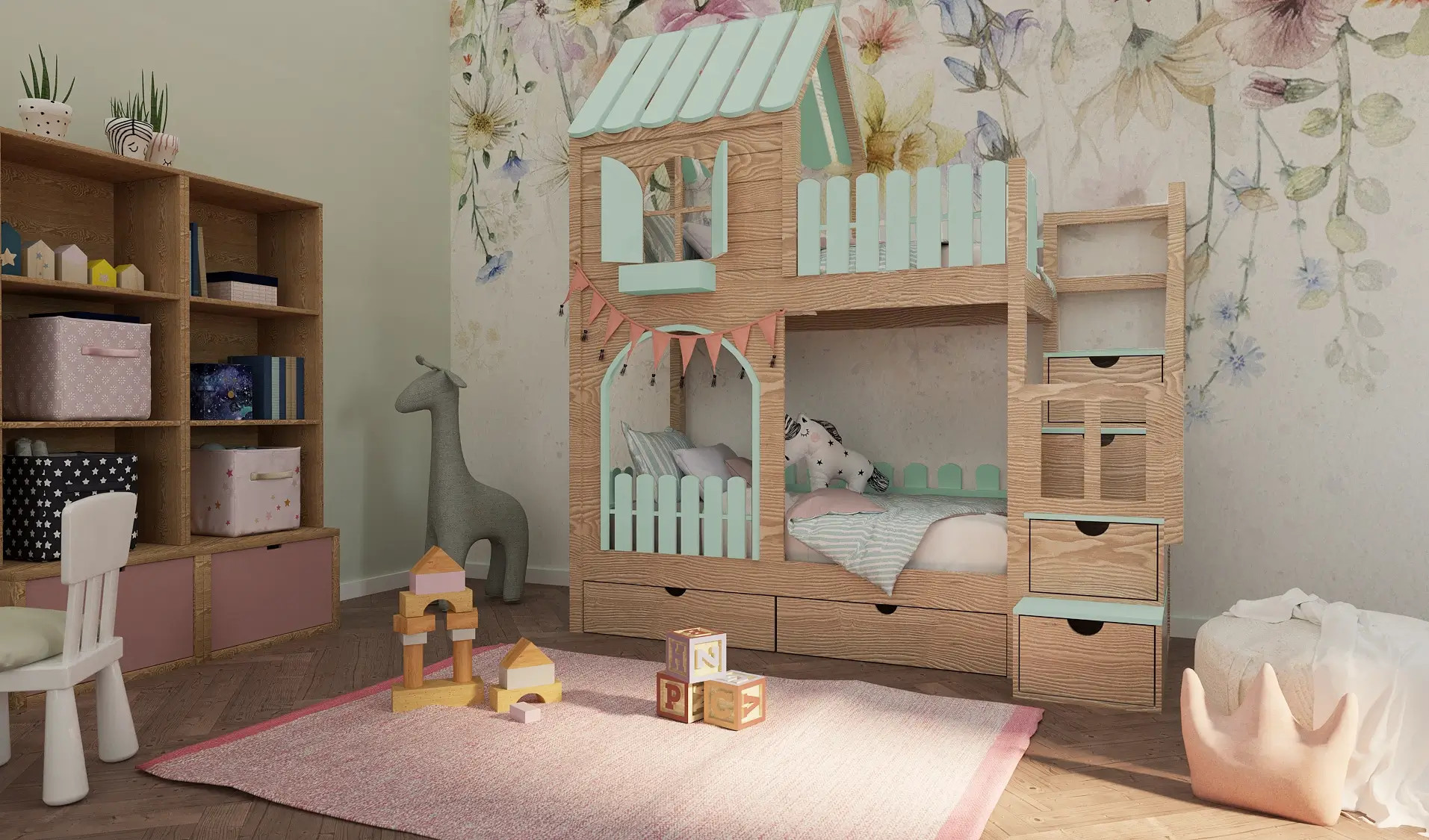 Hausbett, Etagenbett, Kinderbett PIKO mit Treppe - Kubuk Moebel