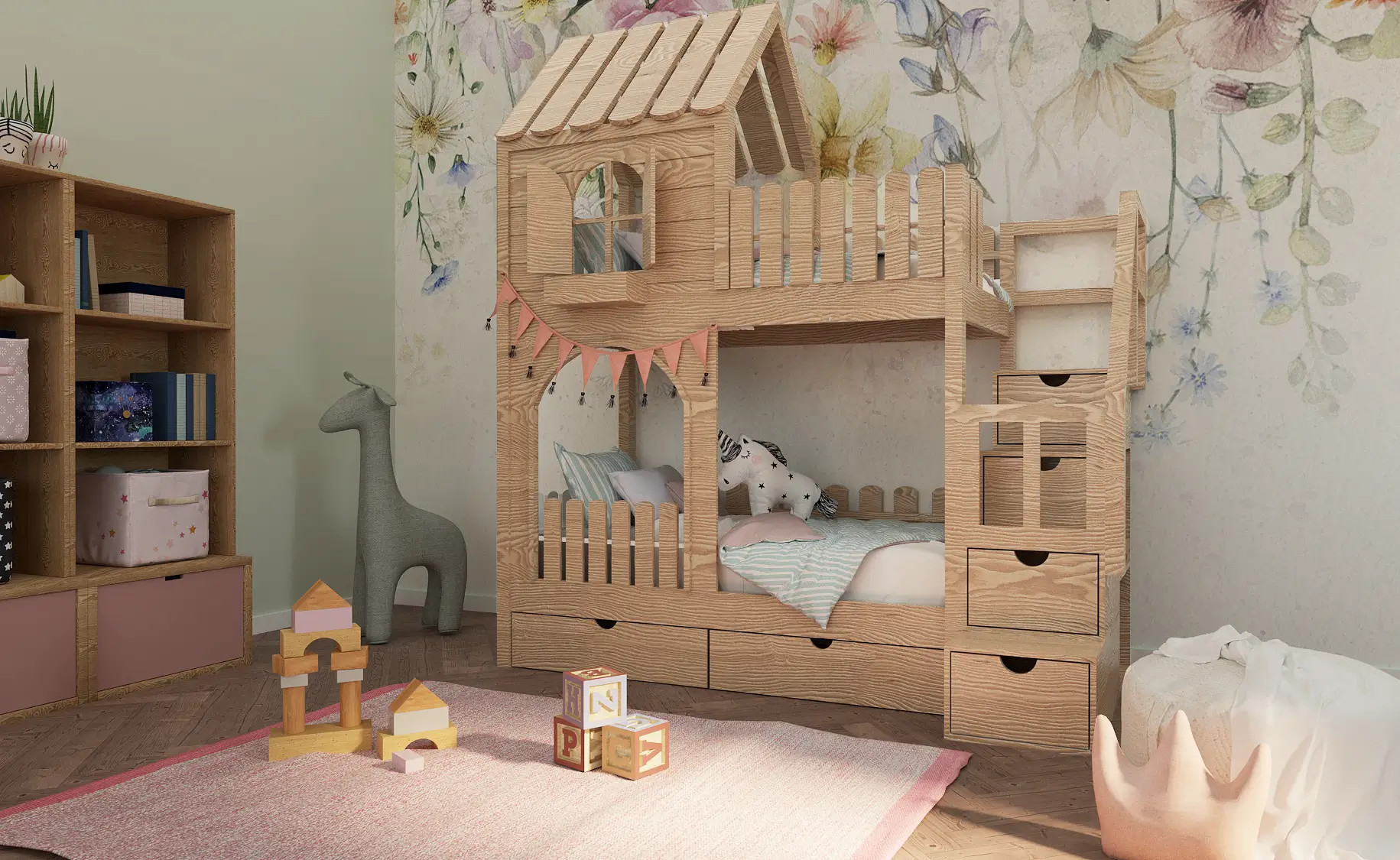 Hausbett, Etagenbett, Kinderbett PIKO mit Treppe - Kubuk Moebel
