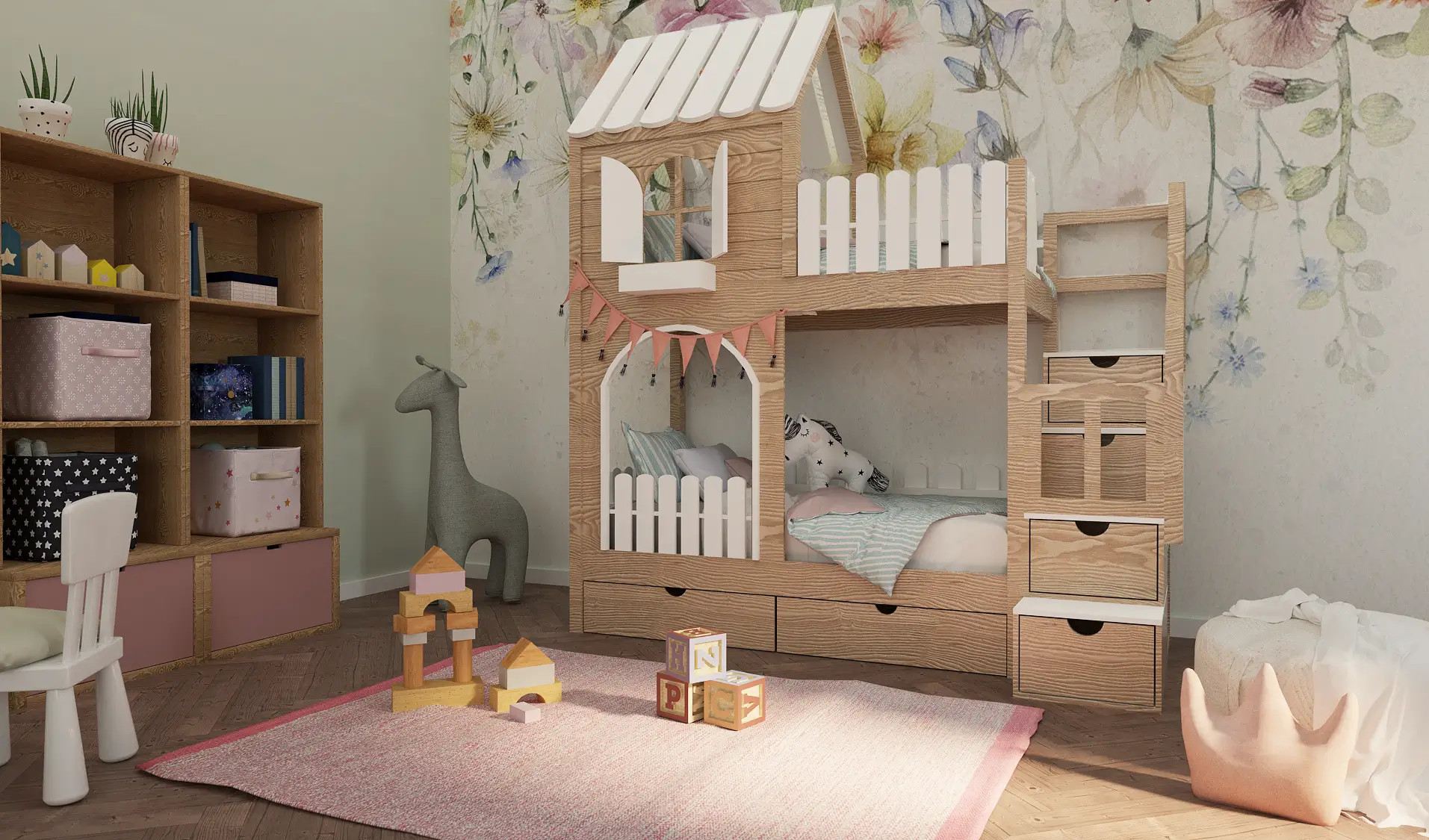 Hausbett, Etagenbett, Kinderbett PIKO mit Treppe - Kubuk Moebel