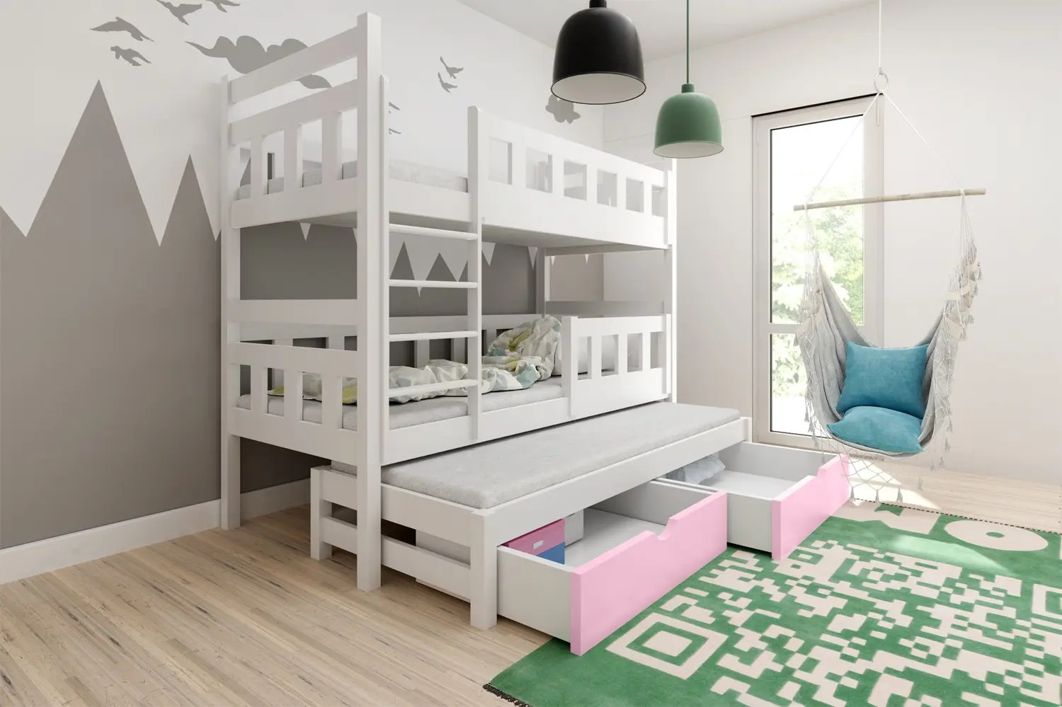 Etagenbett, Kinderbett LINN für 3 Personen mit Treppe - Kubuk Moebel