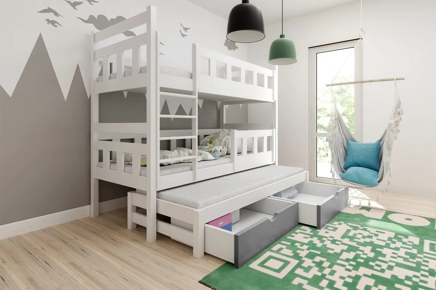 Etagenbett, Kinderbett LINN für 3 Personen mit Treppe - Kubuk Moebel