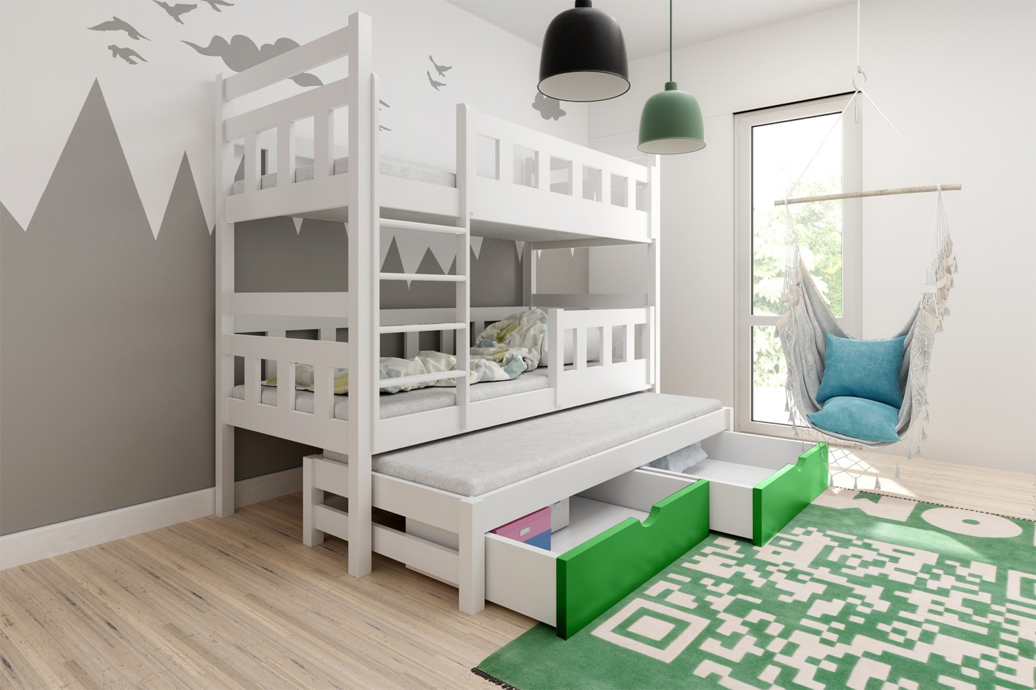 Etagenbett, Kinderbett LINN für 3 Personen mit Treppe - Kubuk Moebel