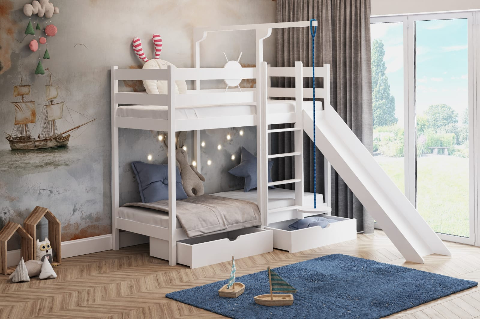 Etagenbett, Spielbett SCHATZINSEL mit Rutsche und Tellerschaukel - Kubuk Moebel