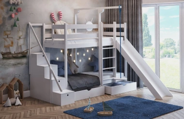 Etagenbett, Spielbett SCHATZINSEL DUO mit Rutsche, Treppe und Tellerschaukel
