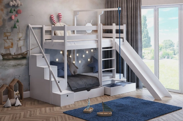 Etagenbett, Spielbett SCHATZINSEL DUO mit Rutsche, Treppe und Tellerschaukel - Kubuk Moebel