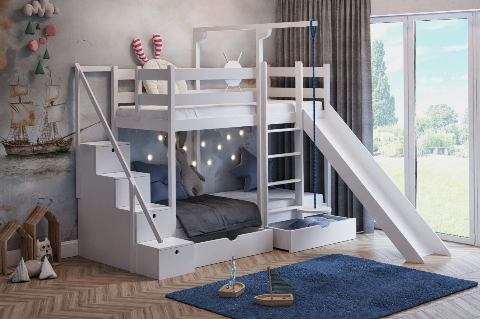 Etagenbett, Spielbett SCHATZINSEL DUO mit Rutsche, Treppe und Tellerschaukel - Kubuk Moebel