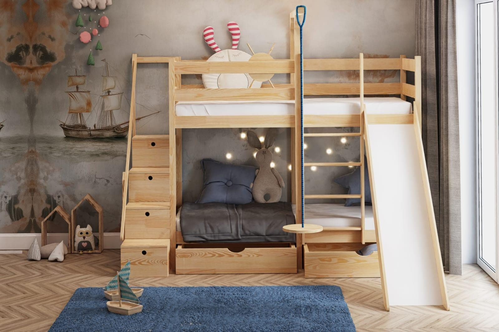Etagenbett, Spielbett SCHATZINSEL DUO mit Rutsche, Treppe und Tellerschaukel - Kubuk Moebel