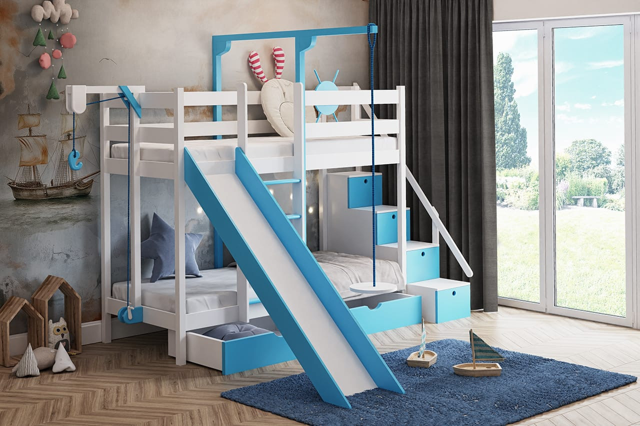 Etagenbett, Spielbett SCHATZINSEL DUO mit Rutsche, Treppe und Tellerschaukel - Kubuk Moebel