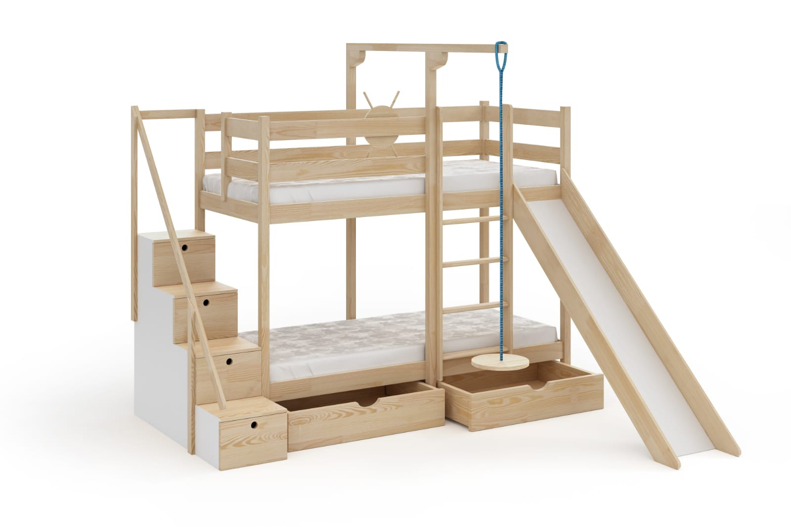 Etagenbett, Spielbett SCHATZINSEL DUO mit Rutsche, Treppe und Tellerschaukel - Kubuk Moebel