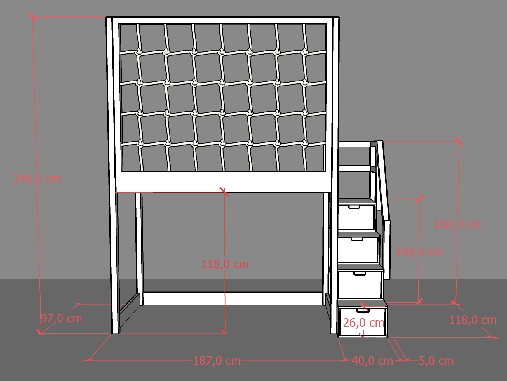 Hochbett, Kinderbett RONI mit Treppe und Schnurnetz - Kubuk Moebel