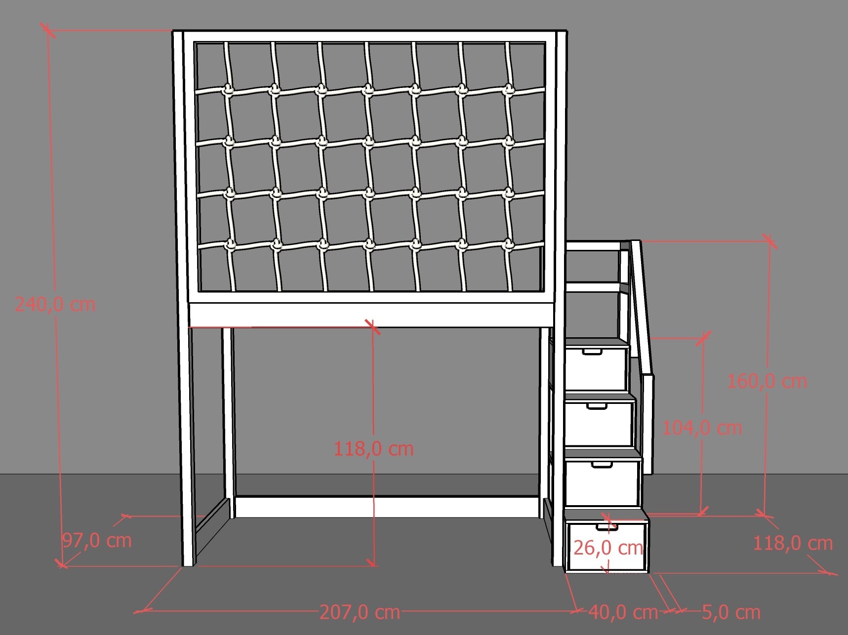 Hochbett, Kinderbett RONI mit Treppe und Schnurnetz - Kubuk Moebel
