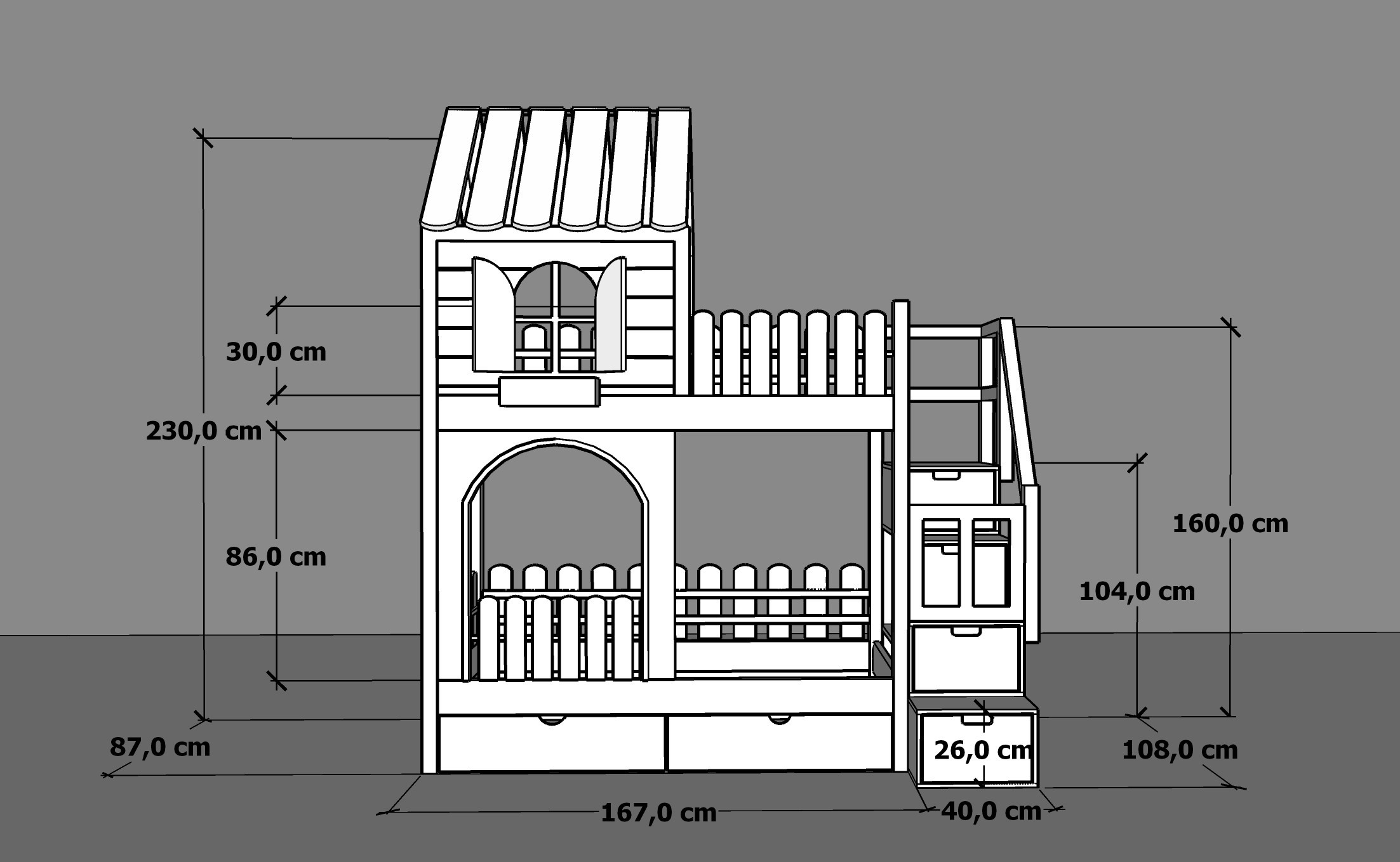 Hausbett, Etagenbett, Kinderbett PIKO mit Treppe - Kubuk Moebel