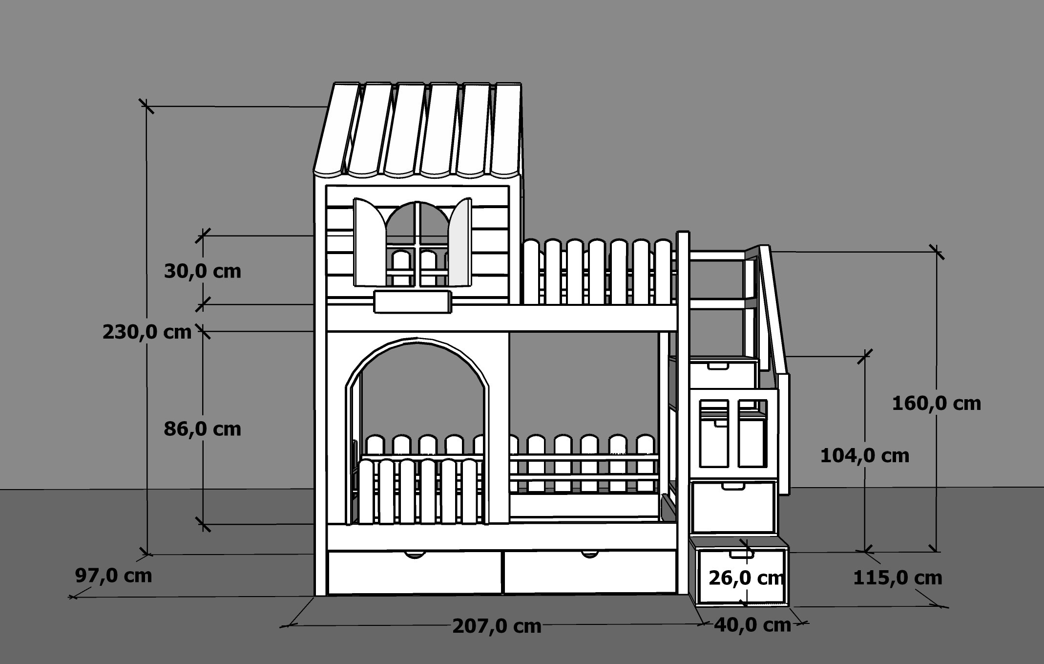 Hausbett, Etagenbett, Kinderbett PIKO mit Treppe - Kubuk Moebel