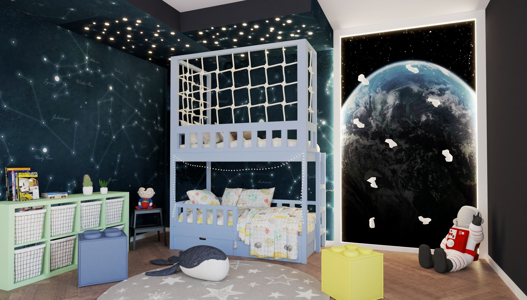 Etagenbett, Kinderbett RICO mit Leiter und Schnurnetz - Kubuk Moebel