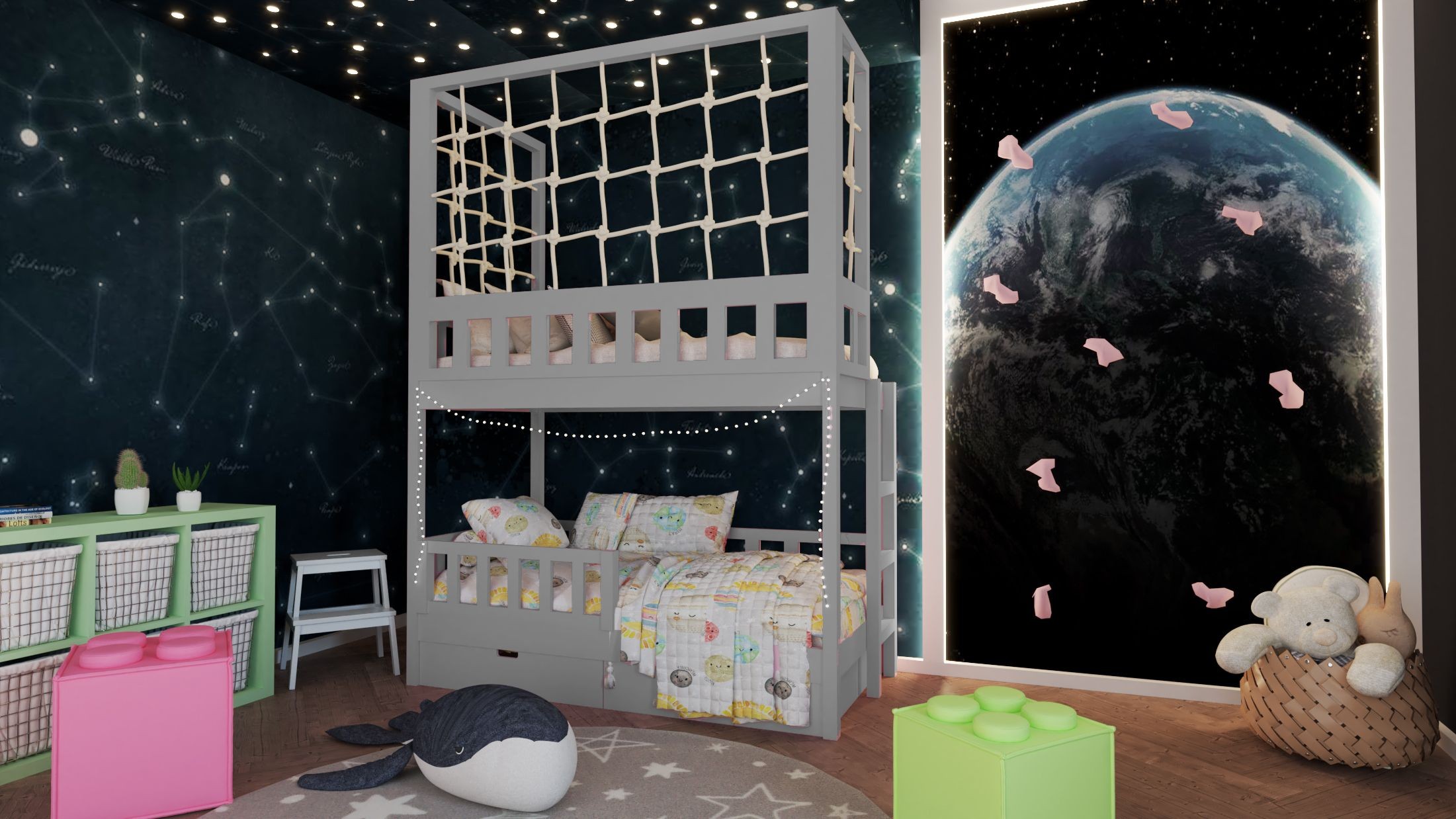 Etagenbett, Kinderbett RICO mit Leiter und Schnurnetz - Kubuk Moebel