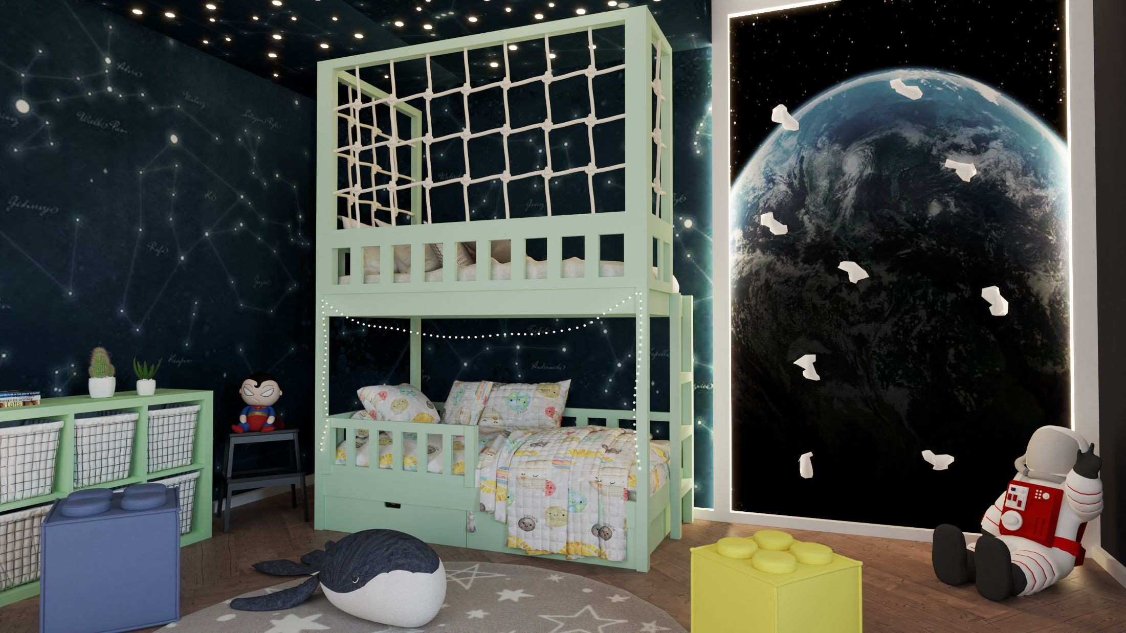 Etagenbett, Kinderbett RICO mit Leiter und Schnurnetz - Kubuk Moebel