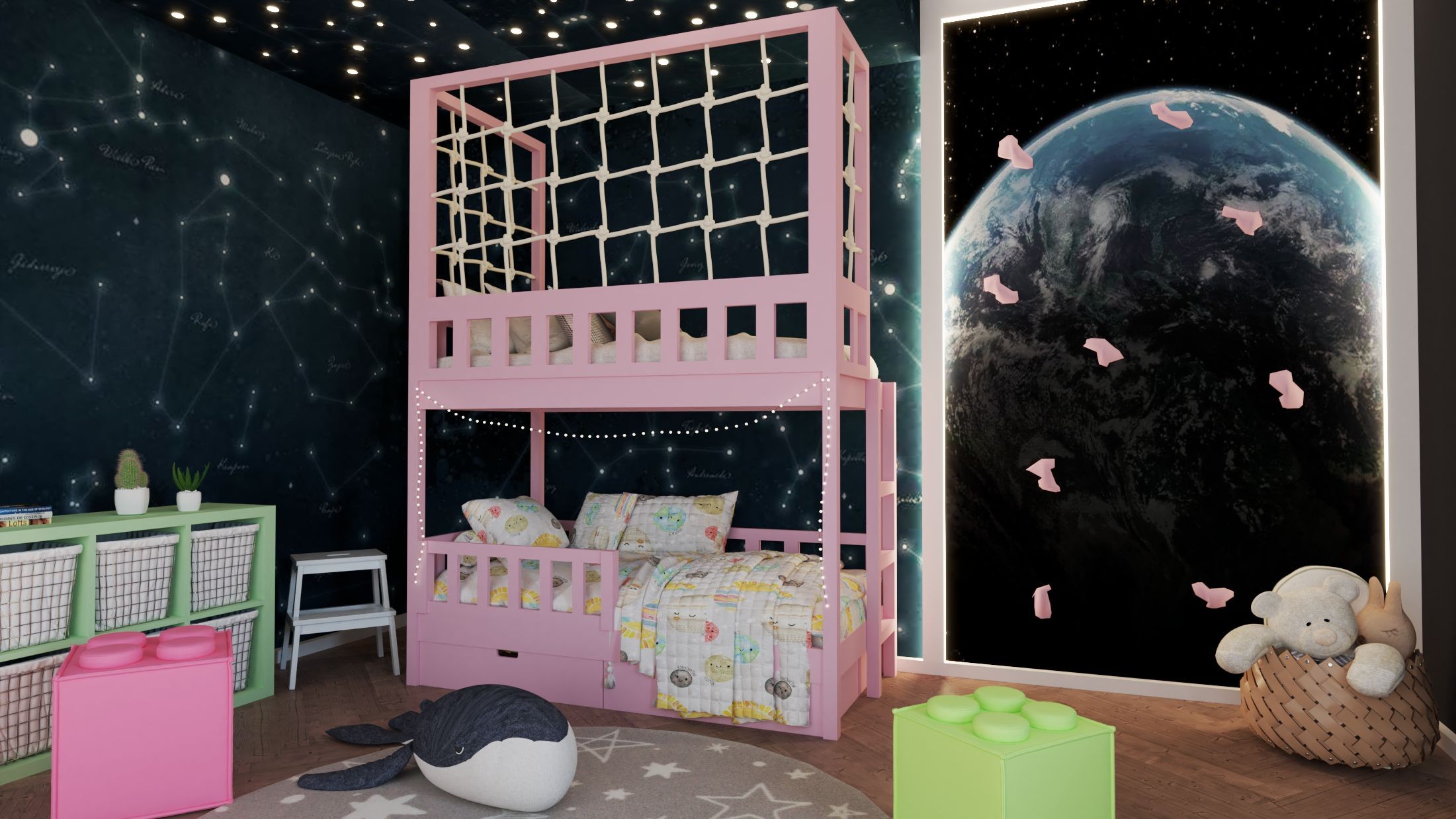 Etagenbett, Kinderbett RICO mit Leiter und Schnurnetz - Kubuk Moebel
