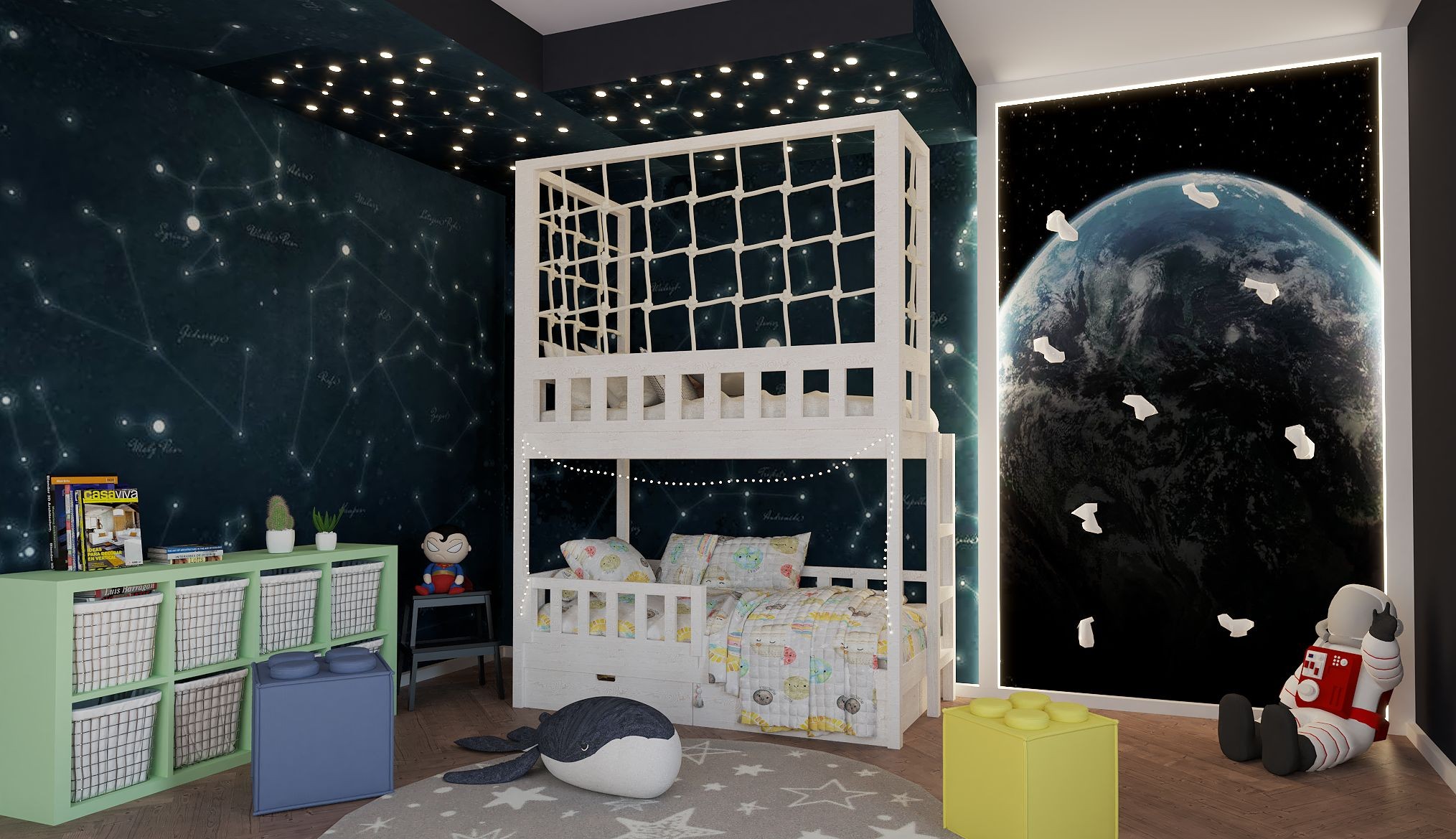 Etagenbett, Kinderbett RICO mit Leiter und Schnurnetz - Kubuk Moebel
