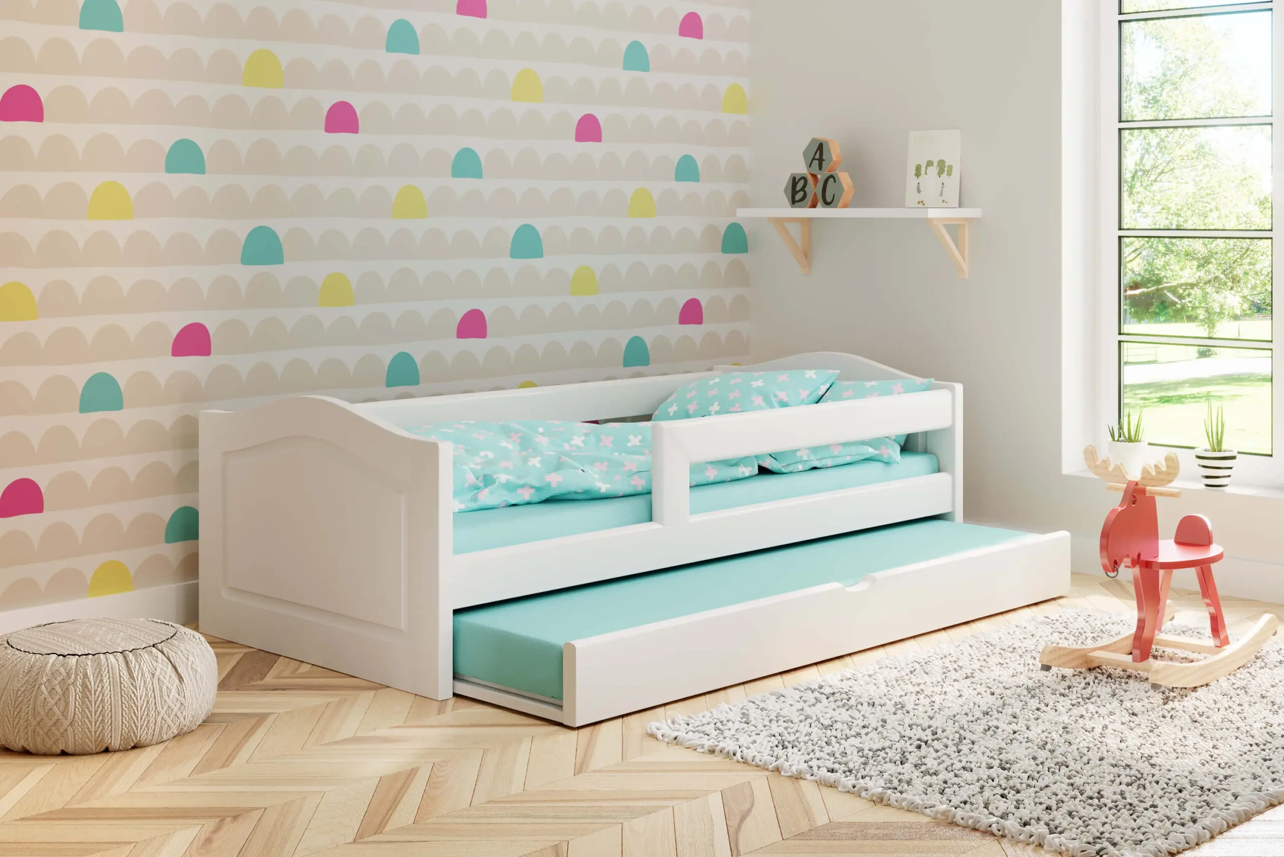 Einzelbett, Ausziehbett, Kinderbett aus massivem Fichtenholz STERN - Kubuk Moebel
