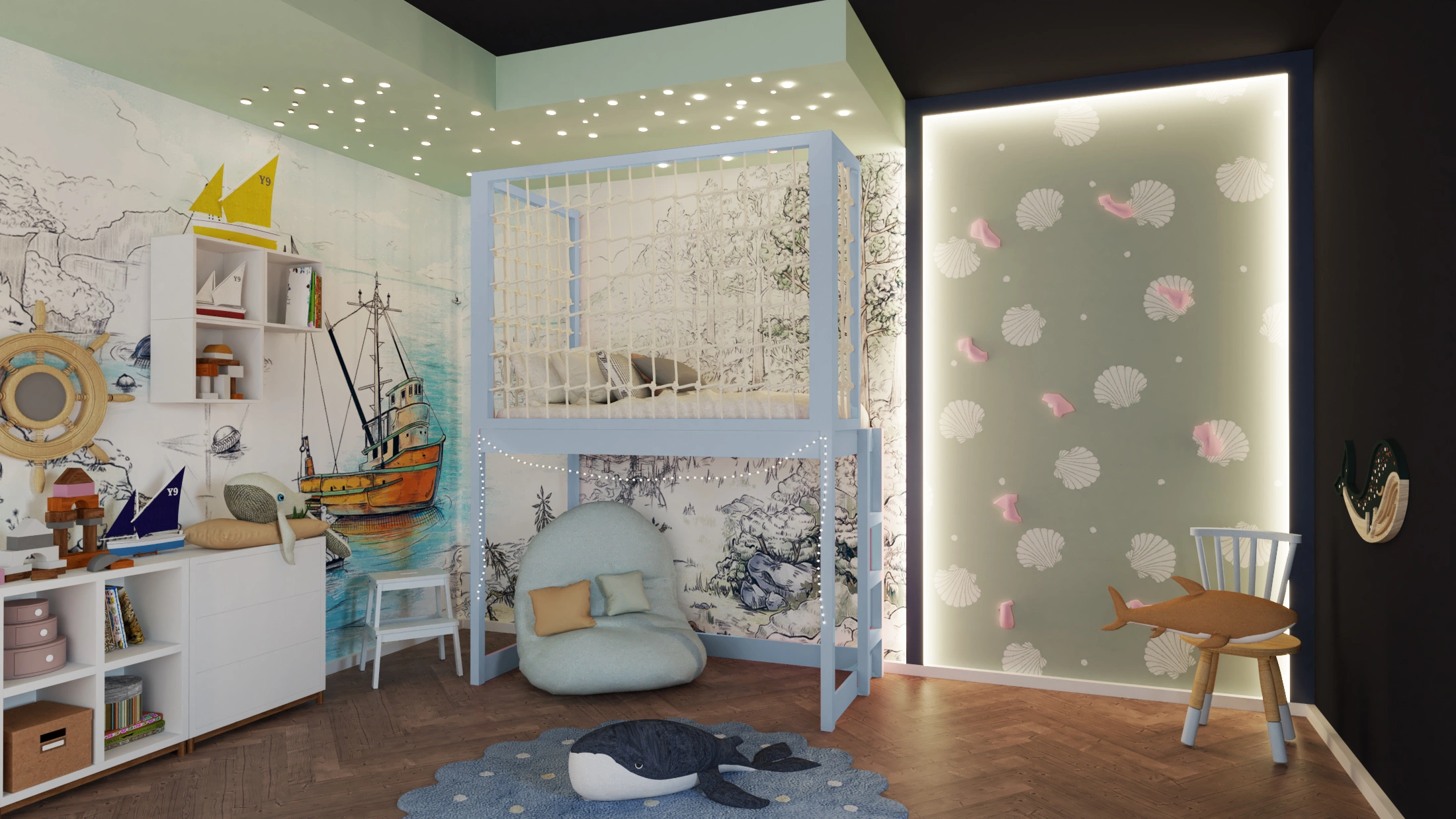 Etagenbett, Kinderbett ROBIN mit Leiter und Schnurnetz - Kubuk Moebel