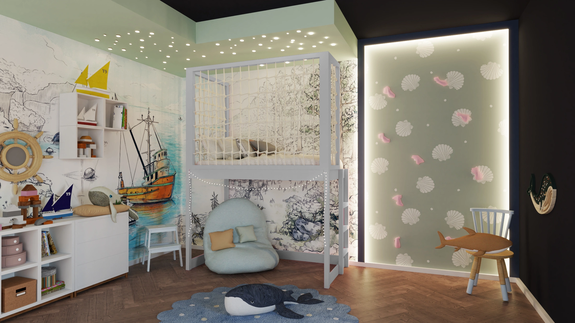 Etagenbett, Kinderbett ROBIN mit Leiter und Schnurnetz - Kubuk Moebel