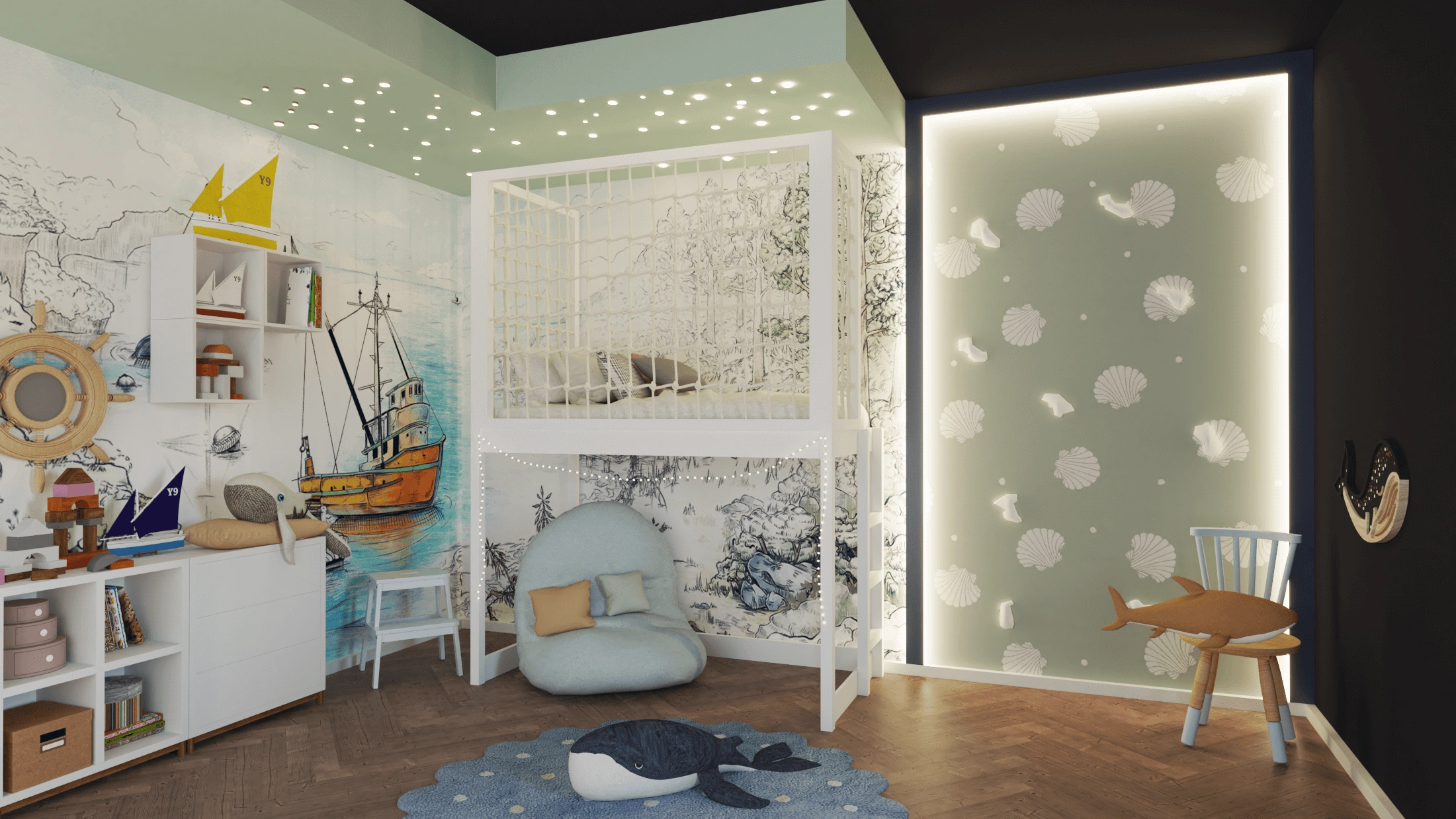 Etagenbett, Kinderbett ROBIN mit Leiter und Schnurnetz - Kubuk Moebel