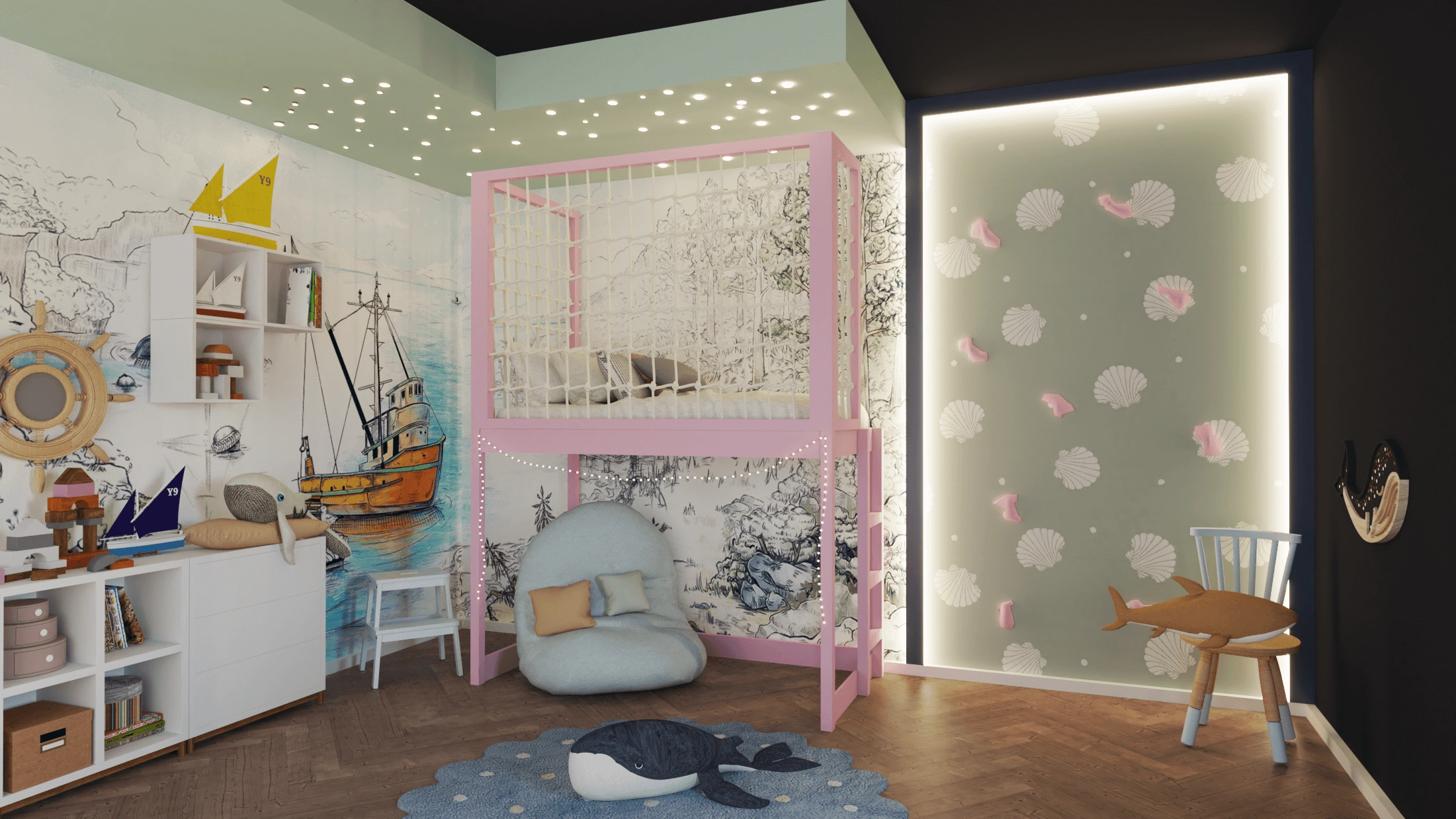 Etagenbett, Kinderbett ROBIN mit Leiter und Schnurnetz - Kubuk Moebel