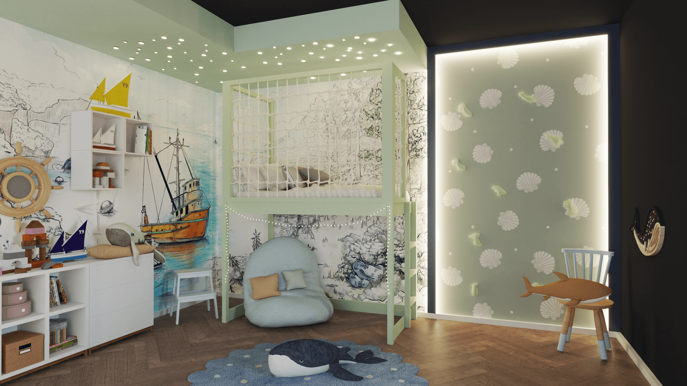 Etagenbett, Kinderbett ROBIN mit Leiter und Schnurnetz - Kubuk Moebel