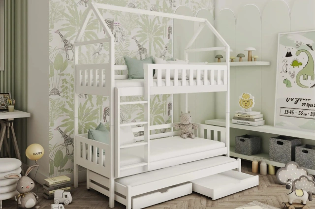 Etagenbett, Kinderbett MAJA mit Dach und Schubladen - Kubuk Moebel