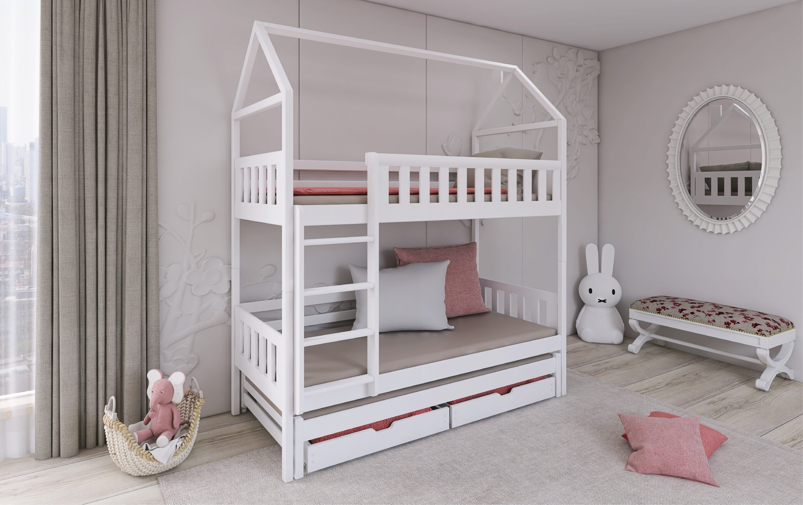 Etagenbett, Kinderbett MAJA mit Dach und Schubladen - Kubuk Moebel