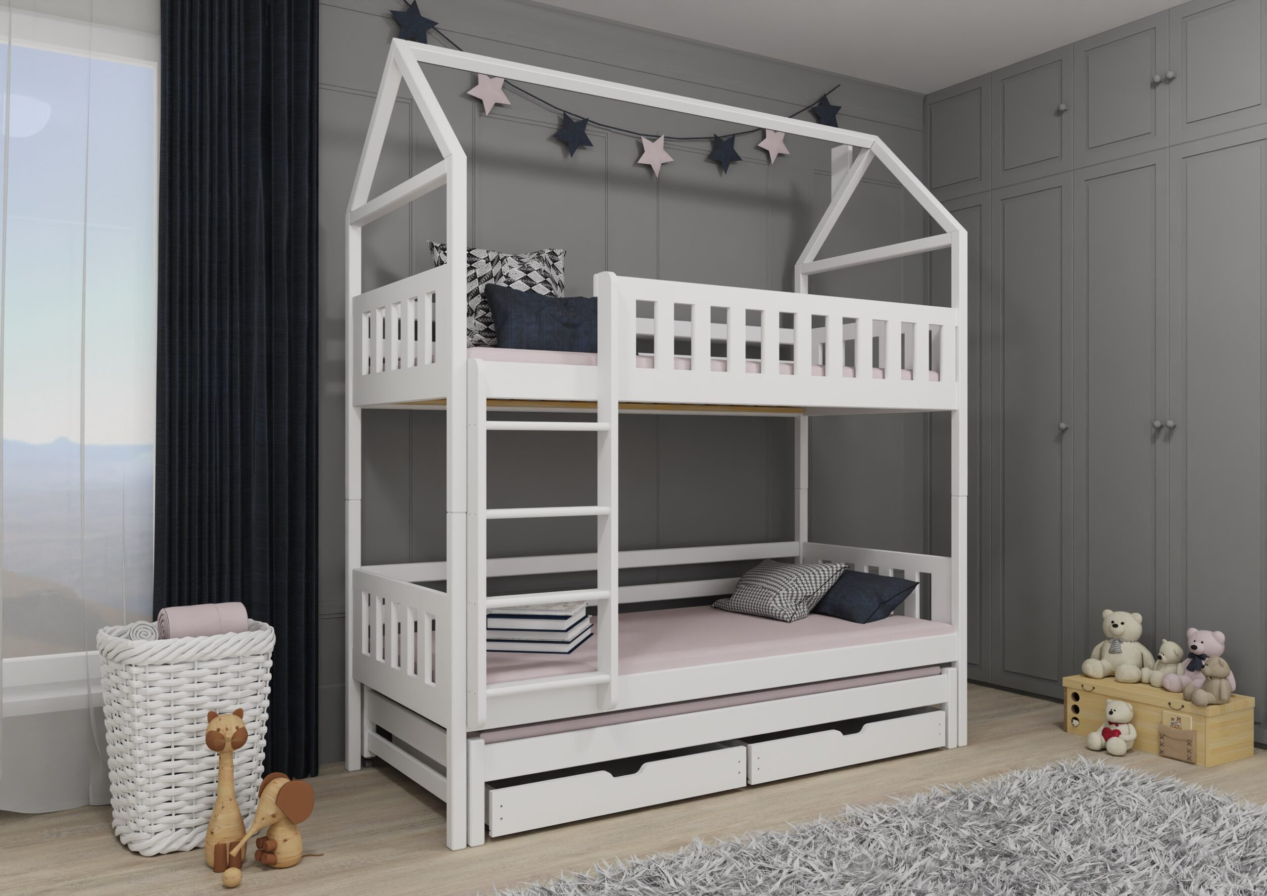 Etagenbett, Kinderbett MAJA mit Dach und Schubladen - Kubuk Moebel