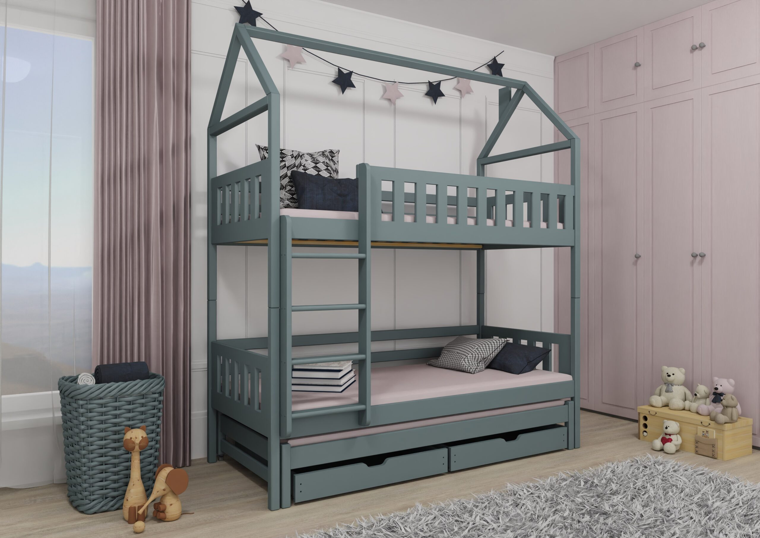 Etagenbett, Kinderbett MAJA mit Dach und Schubladen - Kubuk Moebel