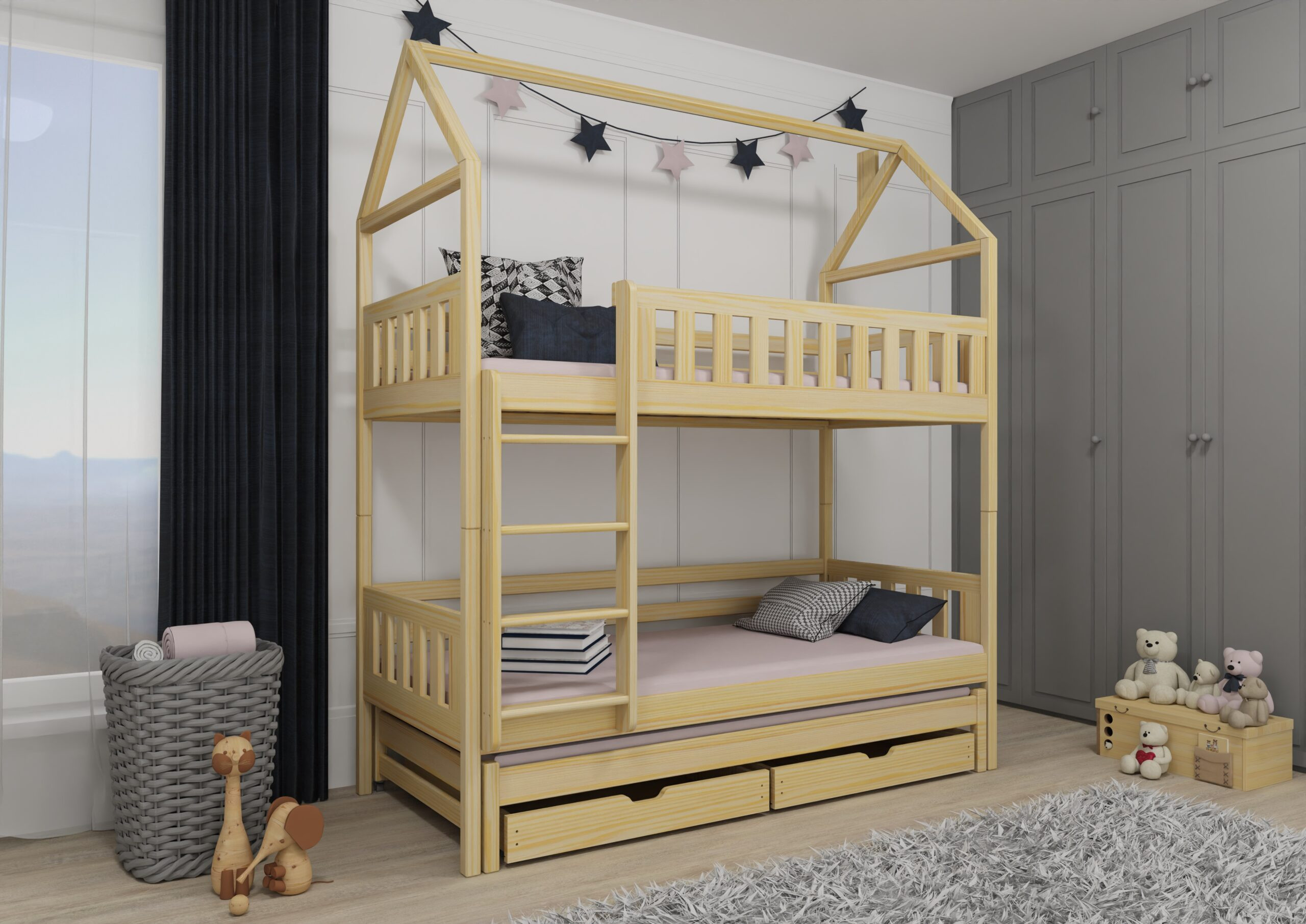 Etagenbett, Kinderbett MAJA mit Dach und Schubladen - Kubuk Moebel