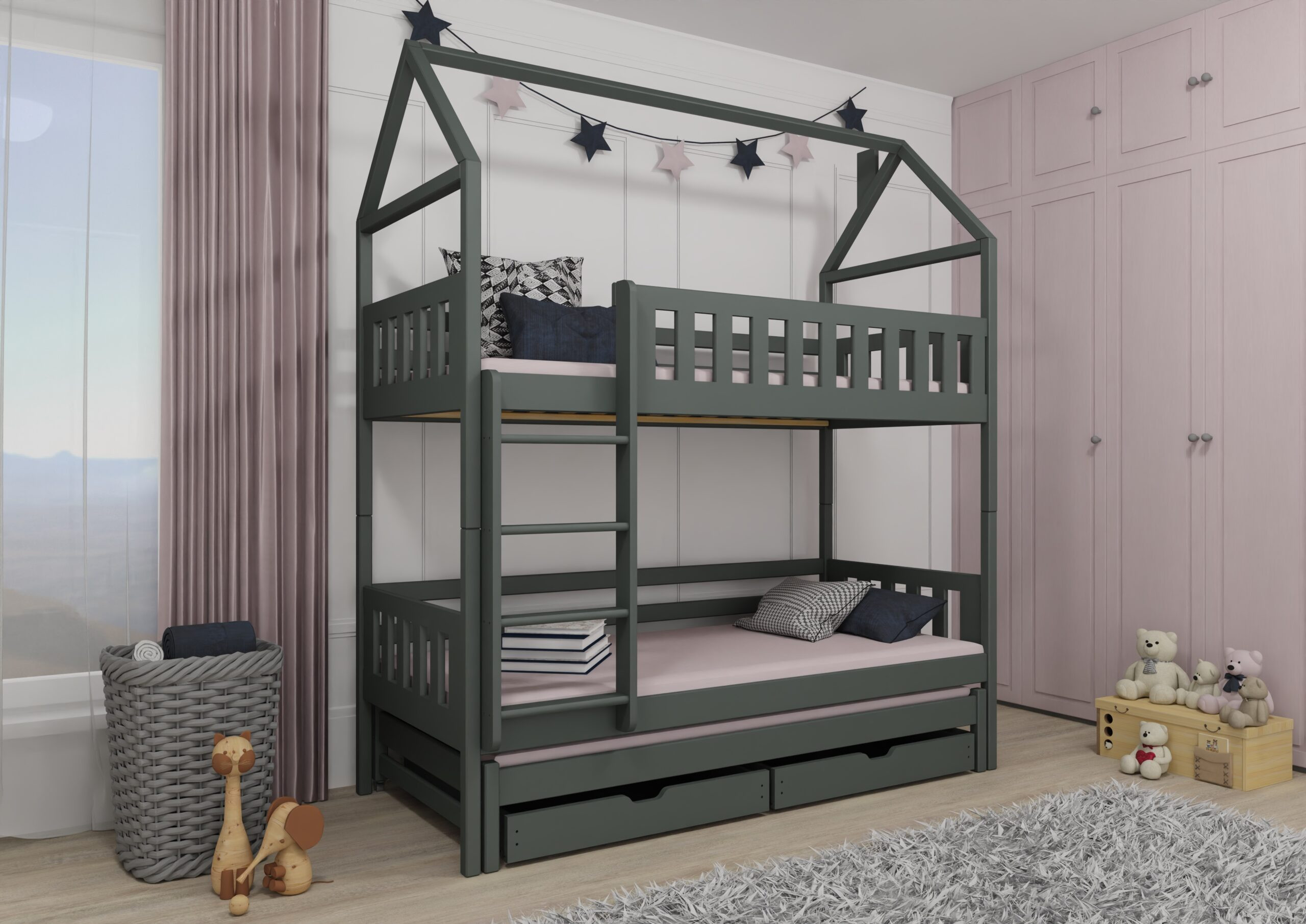 Etagenbett, Kinderbett MAJA mit Dach und Schubladen - Kubuk Moebel